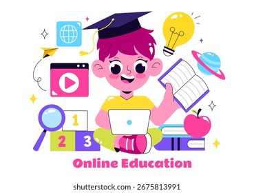 Online Education for Kids Vector Illustration featuring Knowledge Books, School Supplies, and Learning Materials in a Flat Style Cartoon Background