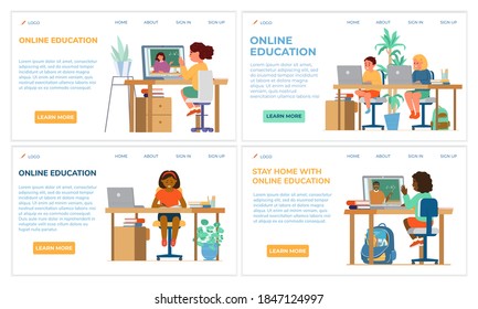 Online Education For Kids Website Template Set. Different Races Children Seat At Desk With Laptops With Teachers On Screen. Flat Vector Design.