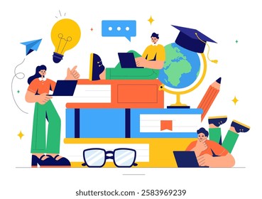 Online Education and Knowledge Books Vector Illustration Featuring People Studying with School Supplies and Learning Materials in a Background