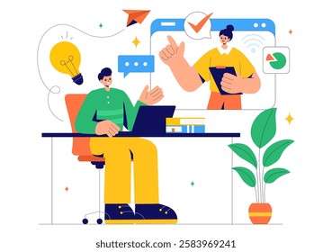 Online Education and Knowledge Books Vector Illustration Featuring People Studying with School Supplies and Learning Materials in a Background