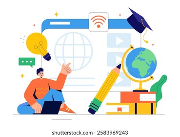 Online Education and Knowledge Books Vector Illustration Featuring People Studying with School Supplies and Learning Materials in a Background