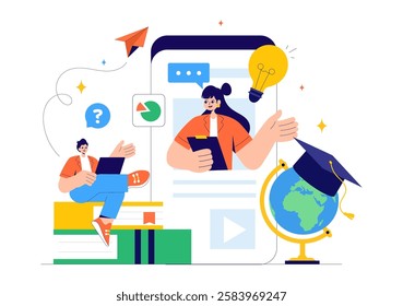 Online Education and Knowledge Books Vector Illustration Featuring People Studying with School Supplies and Learning Materials in a Background