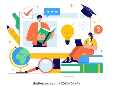 Online Education and Knowledge Books Vector Illustration Featuring People Studying with School Supplies and Learning Materials in a Background