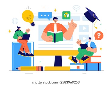 Online Education and Knowledge Books Vector Illustration Featuring People Studying with School Supplies and Learning Materials in a Background