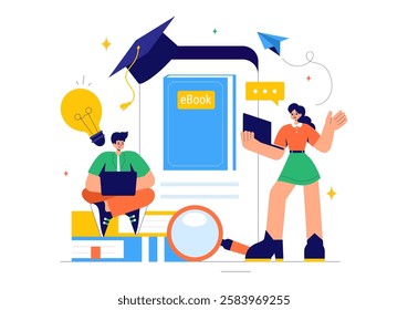 Online Education and Knowledge Books Vector Illustration Featuring People Studying with School Supplies and Learning Materials in a Background