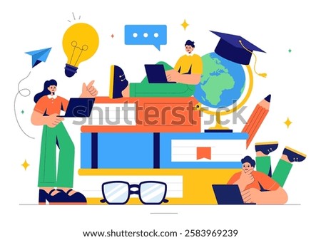 Online Education and Knowledge Books Vector Illustration Featuring People Studying with School Supplies and Learning Materials in a Background