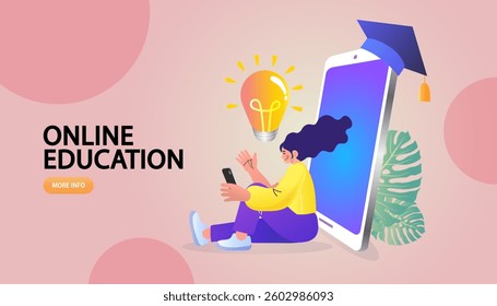 Online Education. Knowledge business education concept. Girl and books. Reading book for self skill career development. characters students with book. Study at the university. vector flat.