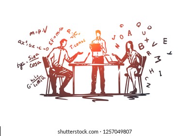 Online, education, knowledge, computer, internet concept. Hand drawn people practicing online education with laptop concept sketch. Isolated vector illustration.