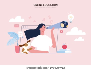 Online education and knowledge development concept, girl looking through a telescope with her pet dog standing by