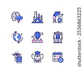 Online education and knowledge - line design style icons set. High quality collection with lesson, brainstorming, tools, degree, discover, explore. Student groups, knowledge, wisdom, class schedule