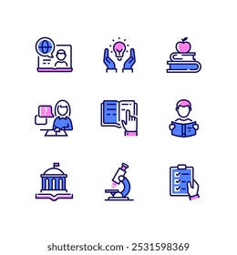 Online education and knowledge - line design style icons set. High quality collection with webinar, ideas, back to school, lessons, reading books, homework, library, research, tests. Learning idea