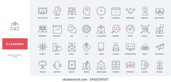 Online education, knowledge line icons set. Training process, certificate of graduation for student and lesson, audio book and messenger thin black and red outline symbols vector illustration