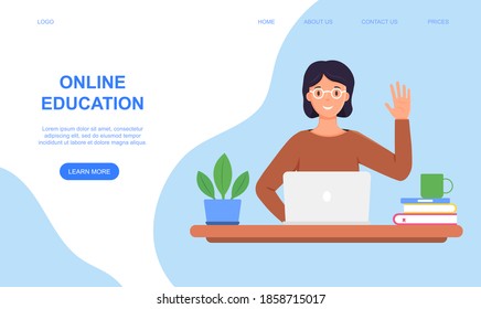 Online education landing page concept. Happy woman with laptop, book, plant. Online learning conept. Woman with laptop. Flat vector illustration concept.