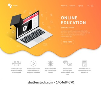 Online education Landing page design concept. Online learning, webinar, distance education, e-learning, business training web site template. Isometric laptop, graduation cap, icons Vector illustration