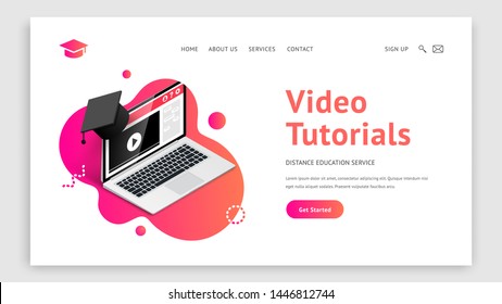 Online education Landing page design concept. Video tutorials, webinar, distance education, e-learning, business training web site template. Isometric laptop, graduation cap, icons Vector illustration