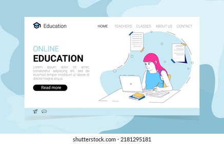 Online education landing page with a girl studying with computer. Vector illustration in flat style. The concept of online education illustration. 