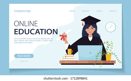 Online education landing page. Graduate student in mantle holding a dimploma and studying with computer and books. Vector illustration in flat style