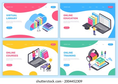Online education landing page. Isometric learning at home, virtual school, university. Online training courses, digital library concept vector. Teacher giving lecture from laptop monitor