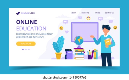 Online education landing page. Male teacher with books and chalkboard. Concept illustration for school, education, university. Vector illustration in flat style