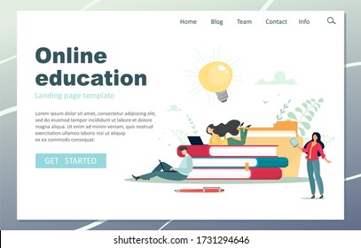  Online education landing page. Male teacher giving online lessons. Vector illustration in cartoon flat style.