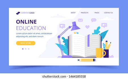 Online education landing page with with open book and a lamp. Vector illustration in flat style