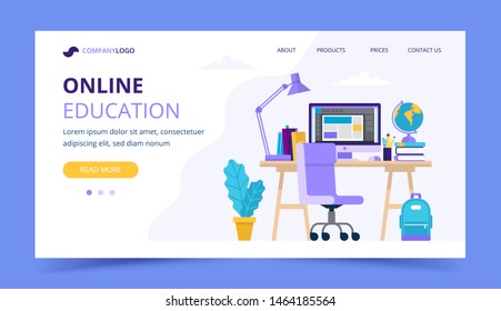 Online education landing page with a student desk with different studying items. Vector illustration in flat style