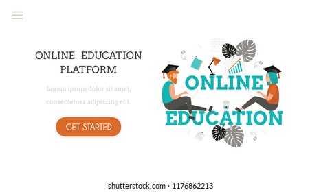 Online education. Landing page template for online school. Modern design concept of web page design with owl. Learning, lessons and lectures. Desktop. Workplace with lamp, coffee, cacti and computer.