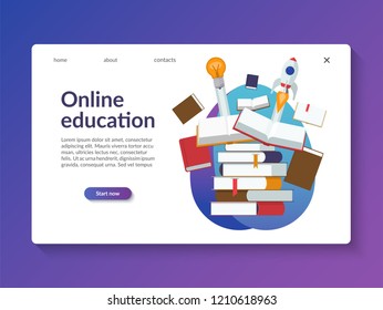Online education landing page template. Flat design vector illustration of a pile of open and closed books. Concept of new idea and project startup via learning, reading, knowledge.