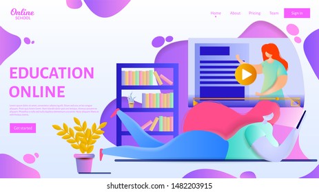 Online education landing page template. Flat vector illustration of a woman taking part in online training. E-learning. courses, lectures, lessons. Female character learning remotely at home.