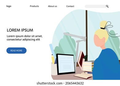 online education Landing page template with a girl sitting at a desk studying with a tablet. Vector illustration in a flat style