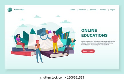 Online education landing page. Tiny people read huge books. Training courses, internet teaching, e-learning and library, tutorials webinar for students, mobile app or web banner vector flat template