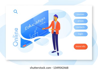 Online education landing page vector template. E-learning service website, webpage. Teacher, tutor with pointer near whiteboard cartoon character. Online courses color web banner concept illustration