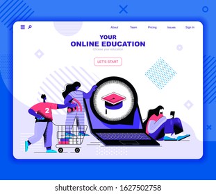Online education landing page vector template. Distant academic class website header UI layout with flat illustration. Assignment and examination for students web banner flat concept