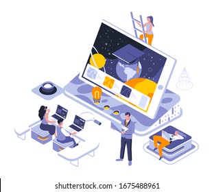 Online education landing page vector template. Distant academic class website header UI layout with isometric illustration. Assignment and examination for students web banner isometry concept