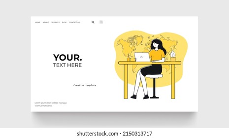 Online education landing page. Woman with laptop watching in laptop