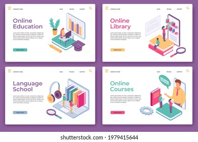 Online education landing pages. Isometric distance learning, home study, web library, language school and courses, website page vector set. Illustration education distance, knowledge e-learning online