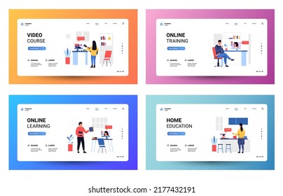 Online education landing. Study course and distance learning web page template, online class website layout. Vector webinar and web call concept. Illustration of study training and education