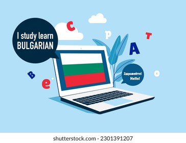 Online education. Language school online Bulgarian course. Study foreign languages with native speaker. Vector illustration.