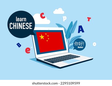 Online education. Language school online Chinese course. Study foreign languages with native speaker. Vector illustration.