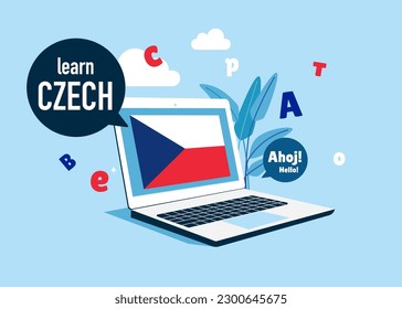 Online education. Language school online Czech course. Study foreign languages with native speaker. Vector illustration.