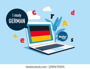 Educación en línea. Curso alemán en línea de la escuela de idiomas. Estudiar idiomas extranjeros con hablante nativo. Ilustración vectorial.