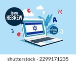 Online education. Language school online Hebrew course. Study foreign languages with native speaker. Vector illustration.