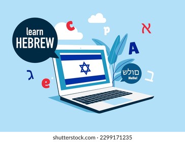 Online education. Language school online Hebrew course. Study foreign languages with native speaker. Vector illustration.