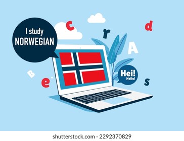 Online education. Language school online Norwegian course. Study foreign languages with native speaker. Flat vector illustration.