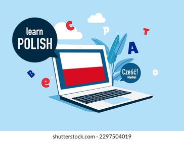 Online education. Language school online Polish course. Study foreign languages with native speaker. Vector illustration.