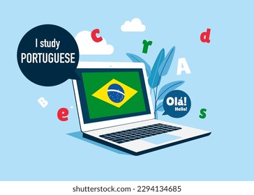 Online education. Language school online Portuguese course. Study foreign languages with native speaker. Vector illustration.