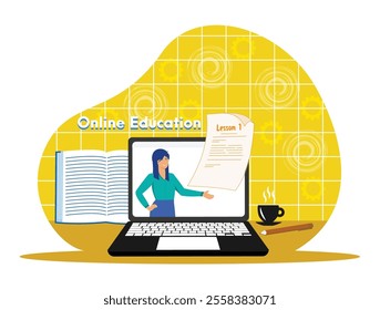 Online education with a laptop, digital lesson, textbook, and coffee. Represents e-learning, remote studies, and modern education tools in an engaging and professional style.  