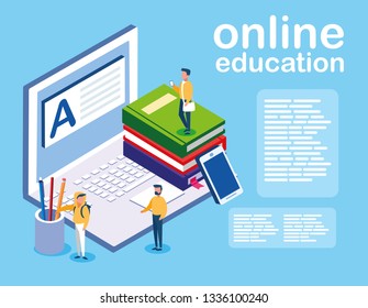 online education with laptop and mini people
