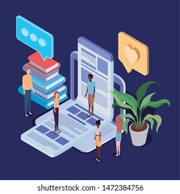 online education with laptop and mini people