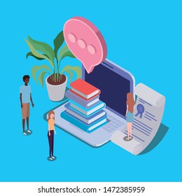online education with laptop and mini people